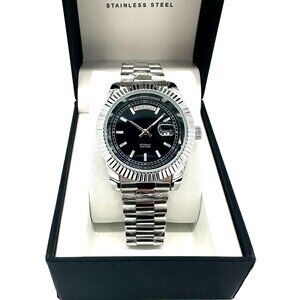 Silver Black Stainless Steel Presidential Luxury Day Date Watch
